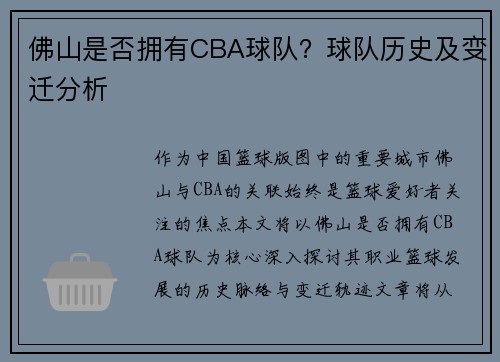 佛山是否拥有CBA球队？球队历史及变迁分析