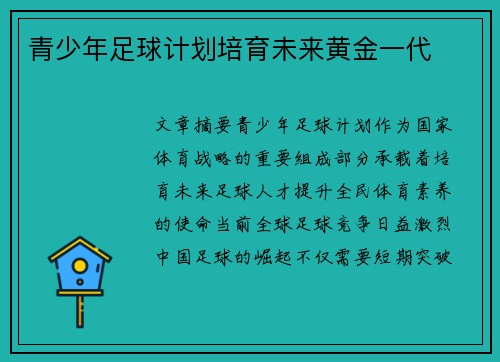 青少年足球计划培育未来黄金一代